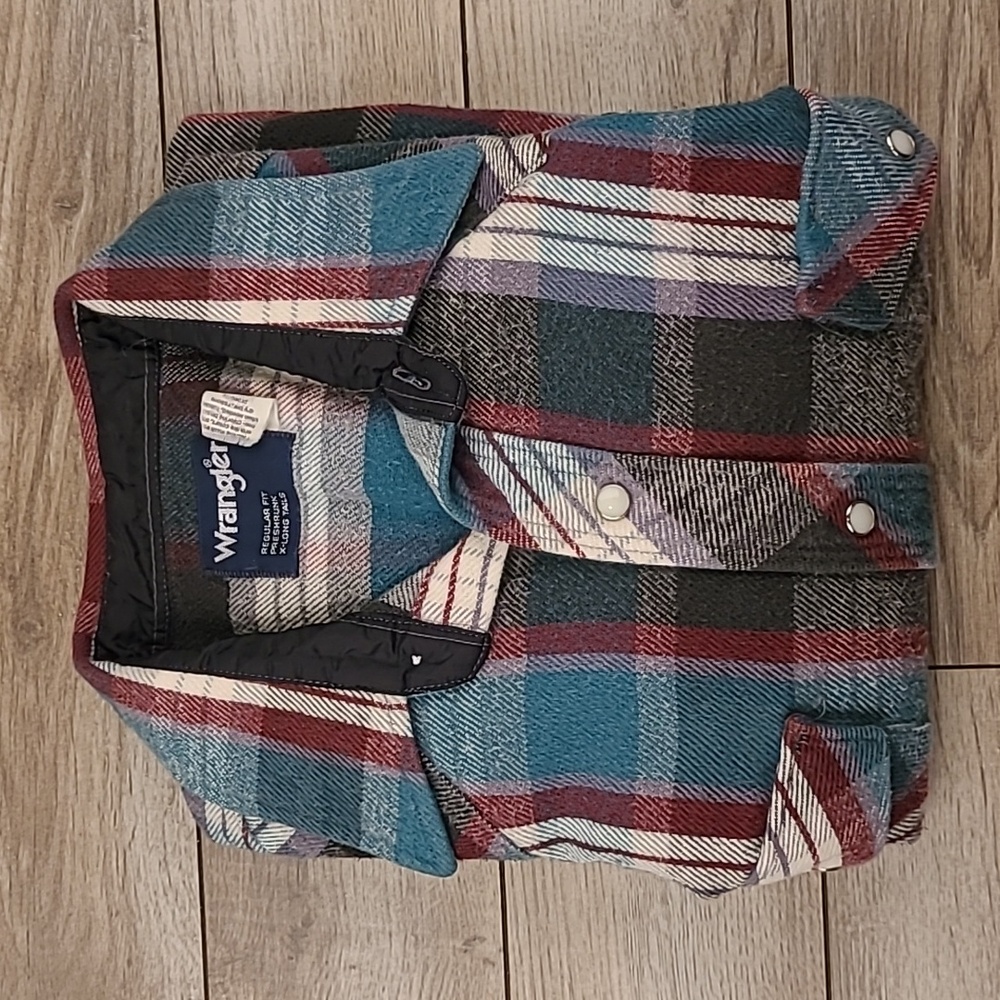 WRANGLER X-Long Tails Flannel Cotton Teal Burgundy Sz 17 x 37 Snap Western Shirt